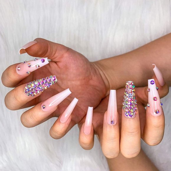 24pcs Glossy Pearl French Press on Nails 3D French Nude White Ballerina Diamond - Picture 3 of 4